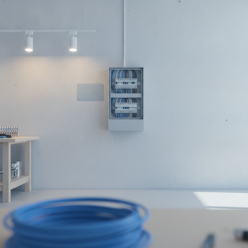 Etiketlenmiş sigortalarıyla düzenli yeni bir elektrik panosu